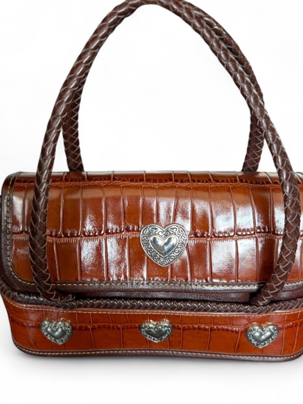 Brown Croc-Embossed Heart Accent Hand Bag